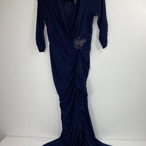 Adrienne Vittadini Navy Blue Long Sleeve Ruched Evening Gown with Beaded Accent